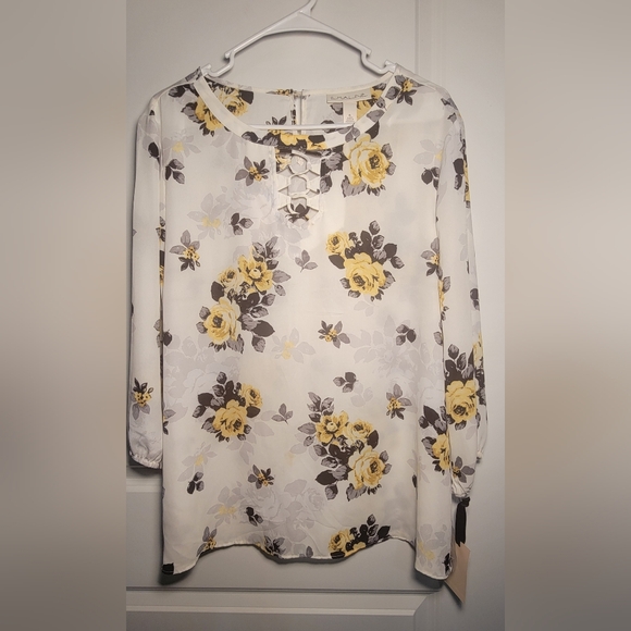 Emaline Tops - Chic Floral Blouse - Yellow and Gray Size L NWT